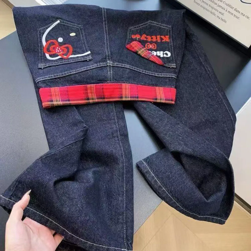 

2025 Новые длинные брюки Hello Kitty, милые американские джинсы с вышивкой кота для девочек, милые женские черные прямые широкие брюки с высокой талией