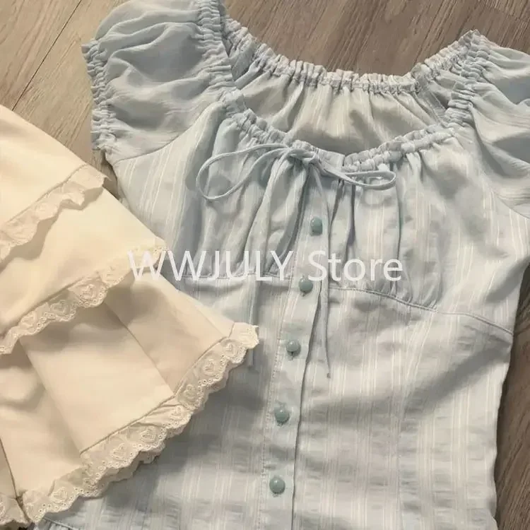 2024 Summer New Elegant Sweet Square Collar Lace Up Blouses Ruffles Shirts Women Y2k E-Girl Short Sleeve Slim Fit Tops Mujer