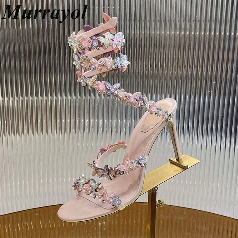 Women Rhinestone Flower Decor Sandalias Snake Shaped Elastic Strap Thin High Heels Sandals Summer Dress Shoes Bridesmaid Shoes