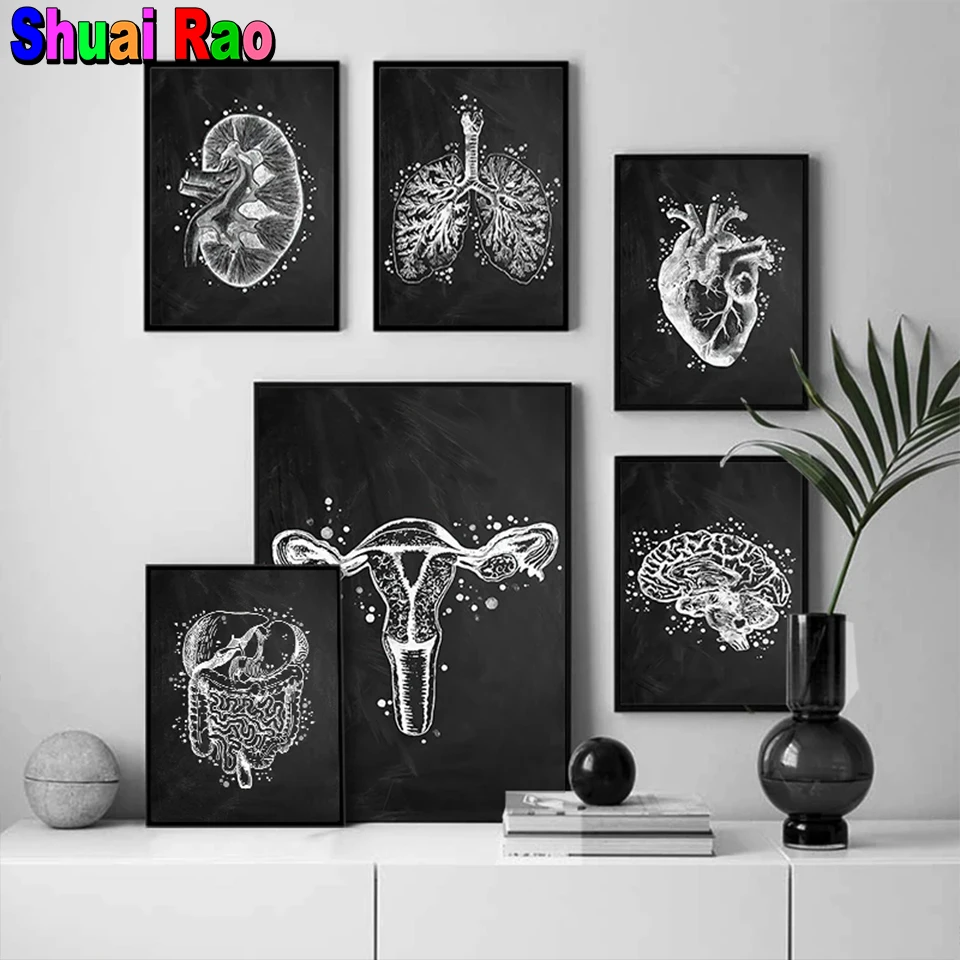 Human Anatomy Vintage Black White Organs diy diamond painting Full square round Mosaic diamond embroidery gift Clinic Decor