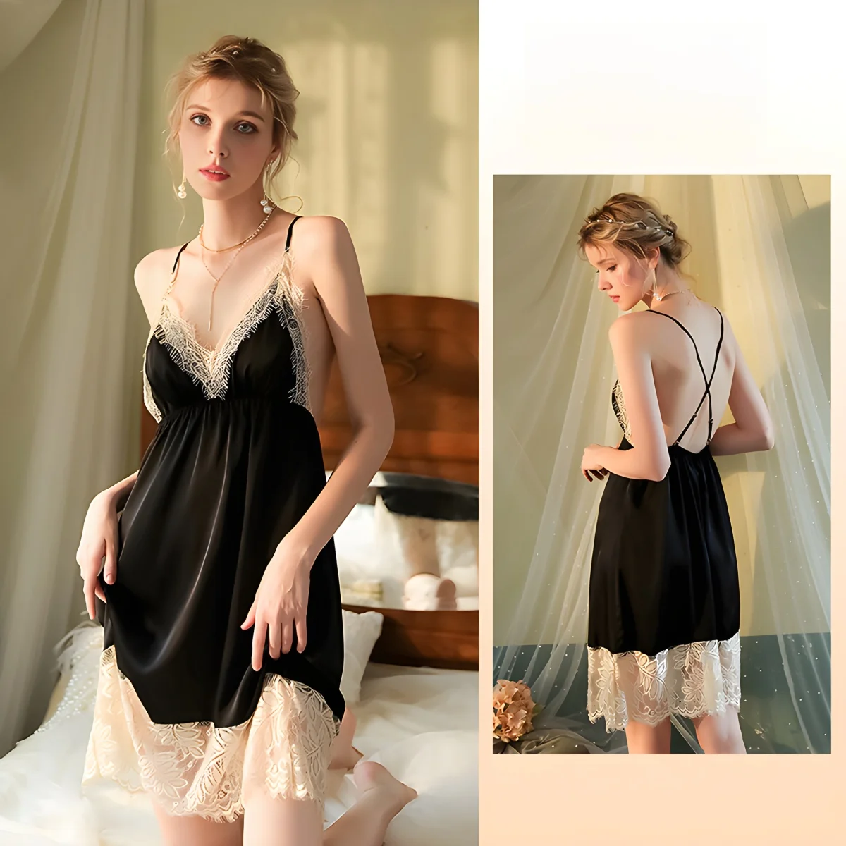 

Mid-length sexy pajamas, eyelash halter nightdress, ice silk pajamas, women's nightdress slim backless solid color home wear