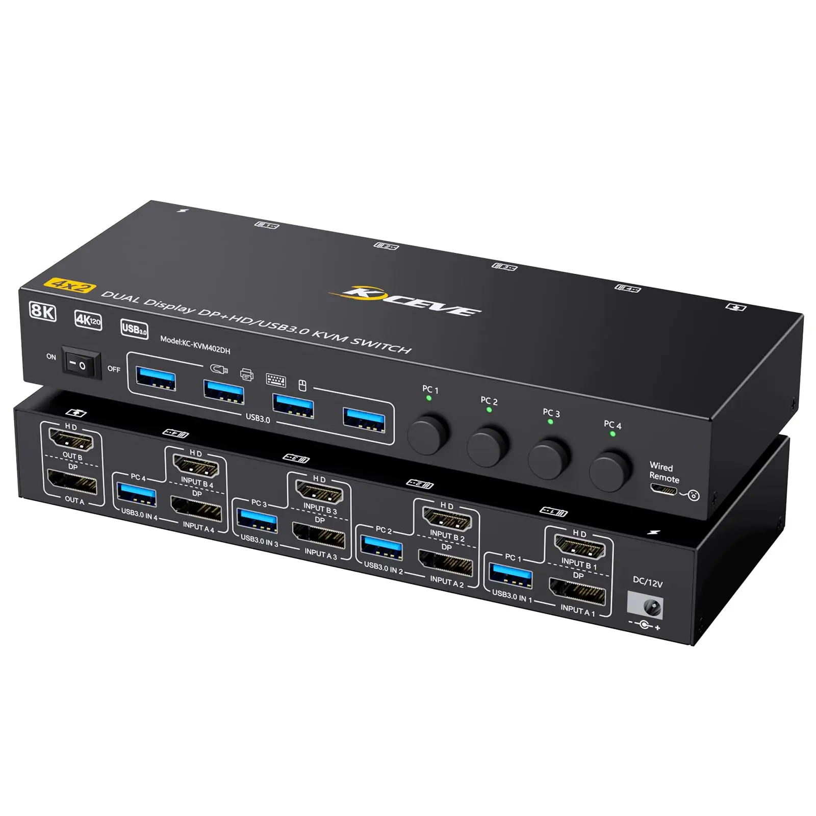 

4 PC KVM Switch 2 monitors HDMI Displayport 8K @60Hz 4K@144Hz ,USB 3.0 KVM Switch for 4 PCs for Keyboard, Mouse and Printer