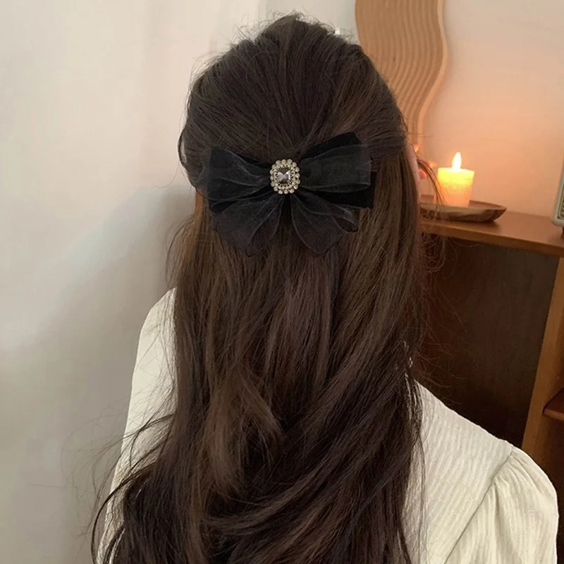 Spring and summer new mesh bow hairpin simple back head rhinestone spring clip side clip hair accessories  head accessories