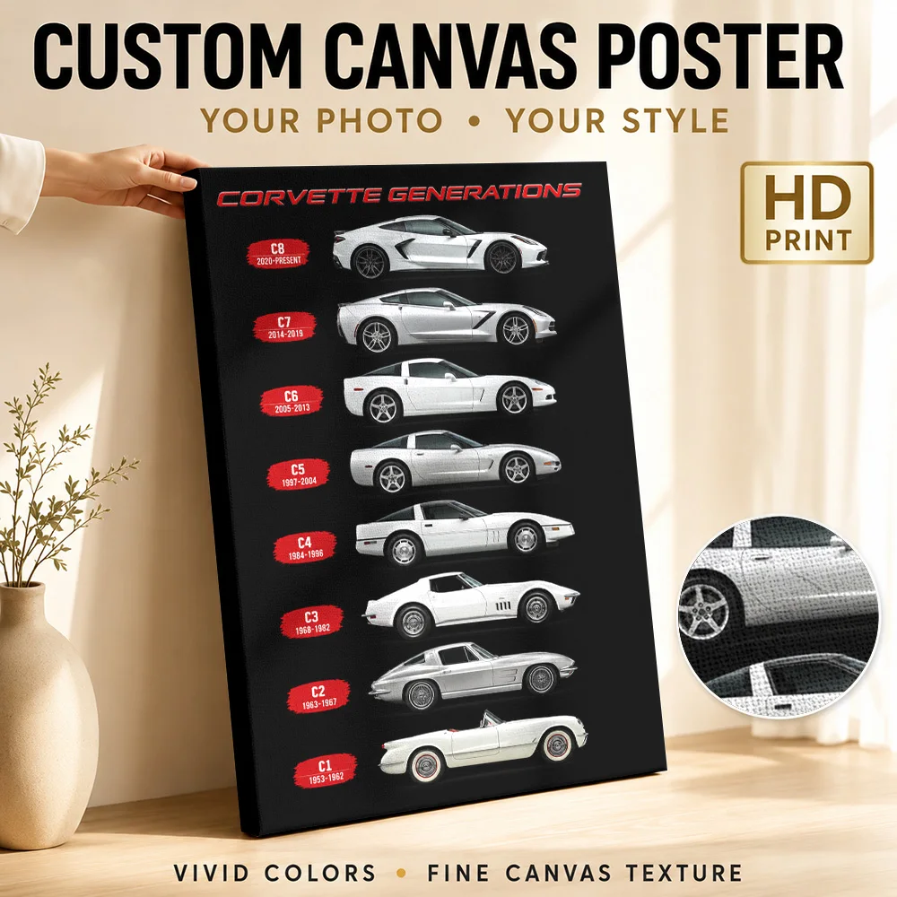 American Corvette C1-C8 Multicolor Sports Cars Canvas Print Posters Retro Wall Decor With Customized Photo For Office Ideal Gift