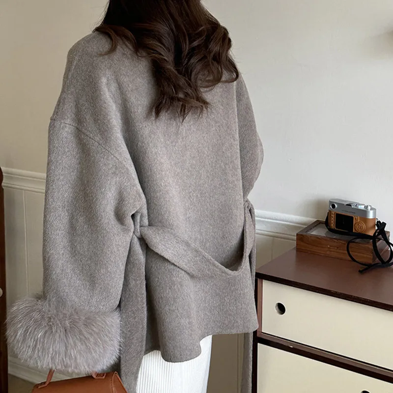 Women Winter Real Wool Coats Fashion Fox Fur Collar Trench Coat With Hood Lady Fur Jackets Belt Fur Cuffs