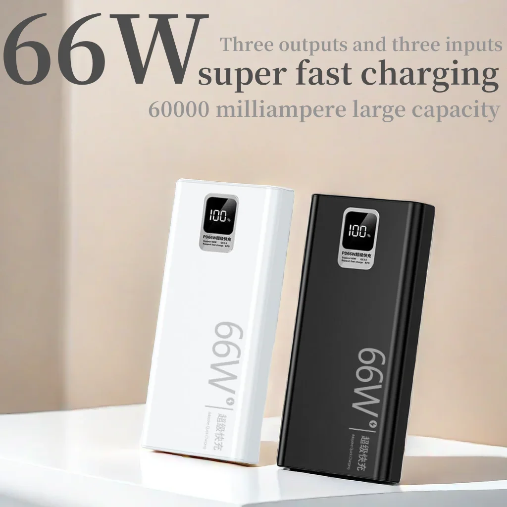 66W super bidirectional fast charging power bank 60000 mAh ultra-thin mobile power supply, suitable for mobile phone charging