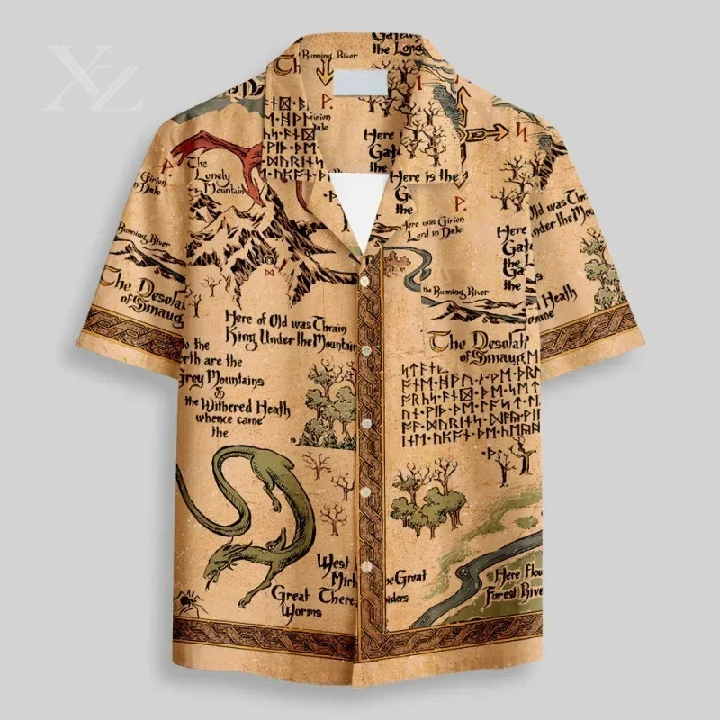 Men's Retro Medieval Sci-Fi Map Button Up Pocket Shirt 2026 Summer Short Sleeve Vintage Cuban Collar Top