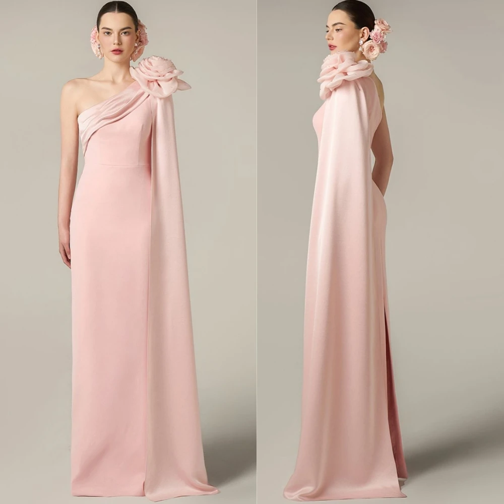 

Customized Simple Jersey Watteau Train Evening Dress Simple One Shoulder Prom Dresses Luxury Flowers Special Occasion Gowns