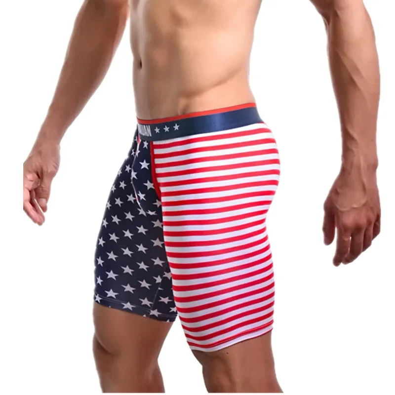 

Stripe USA-flag Pattern Mens Boxers Shorts Sexy Bulge Pouch Underwear Male Underpants Cotton Men Boxershorts Long Leg Trunks