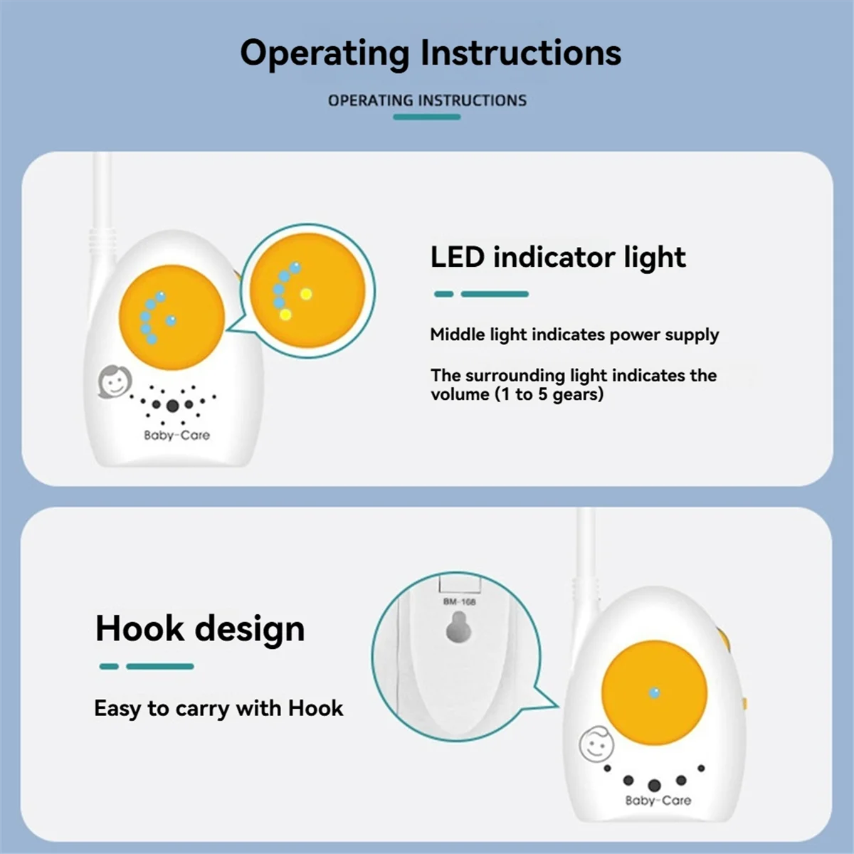 ABXHA Wireless Baby Guardianship Audio Walkie-Talkie Interfon Pemantauan Suara Monitor Menangis Suara Anak dengan Indikator