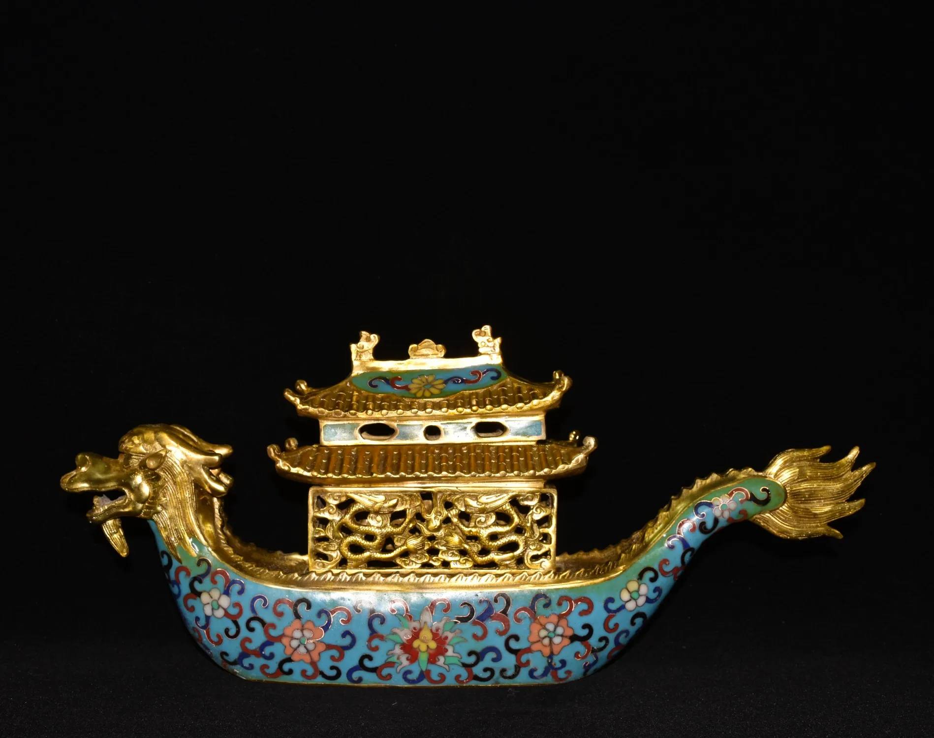 

18"Tibetan Temple Collection Old Bronze Cloisonne Enamel Gilded Flower Texture Dragon Boat incense burner Ornaments Town house