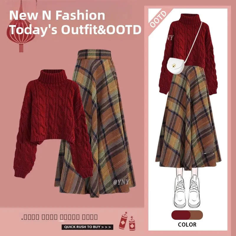 

Красный свитер и юбка, комплект из двух предметов, винтажный стиль, зимняя мода, женский новогодний наряд, юбка миди с высокой талией