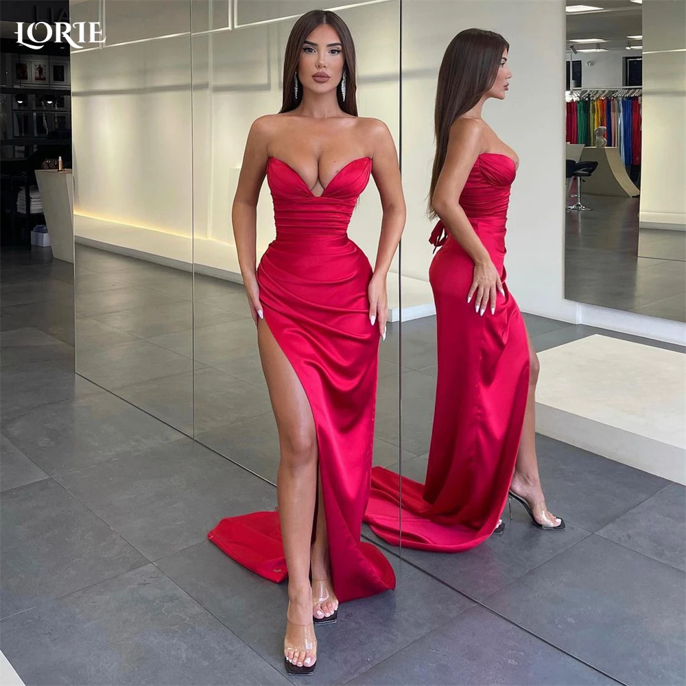 

LORIE Red Sexy Mermaid Evening Dresses Off Shoulder V-Neck Side Slit Pleated Bride Prom Dress Arabia Shiny Satin Party Gowns