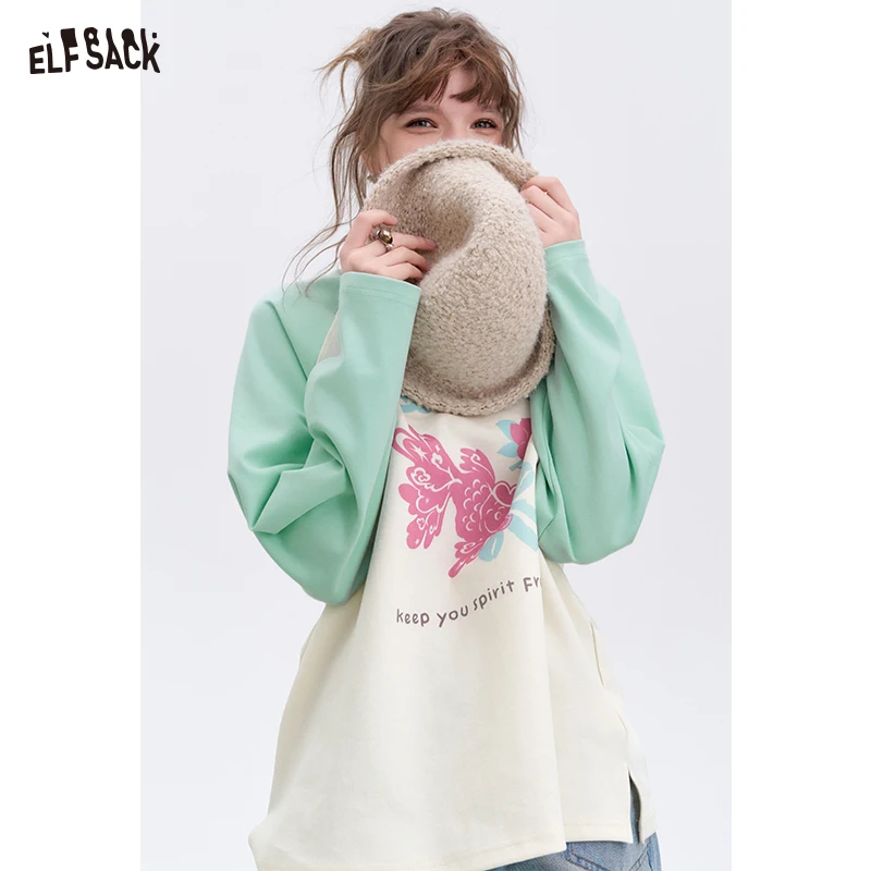 ELFSACK 2025 Spring New Arrivals Lucky Goldfish Printed Raglan Long Sleeve T-shirt Women Basic Casual Round Neck Korean Top