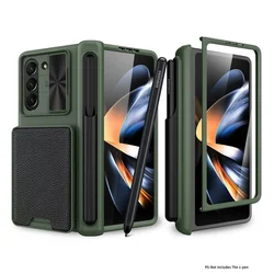 Hinge Protective S Pen Holder for Samsung Galaxy Z Fold 6 5 4 Case with Glass Film Hard Matte PC + PU Leather Wallet Card Cover