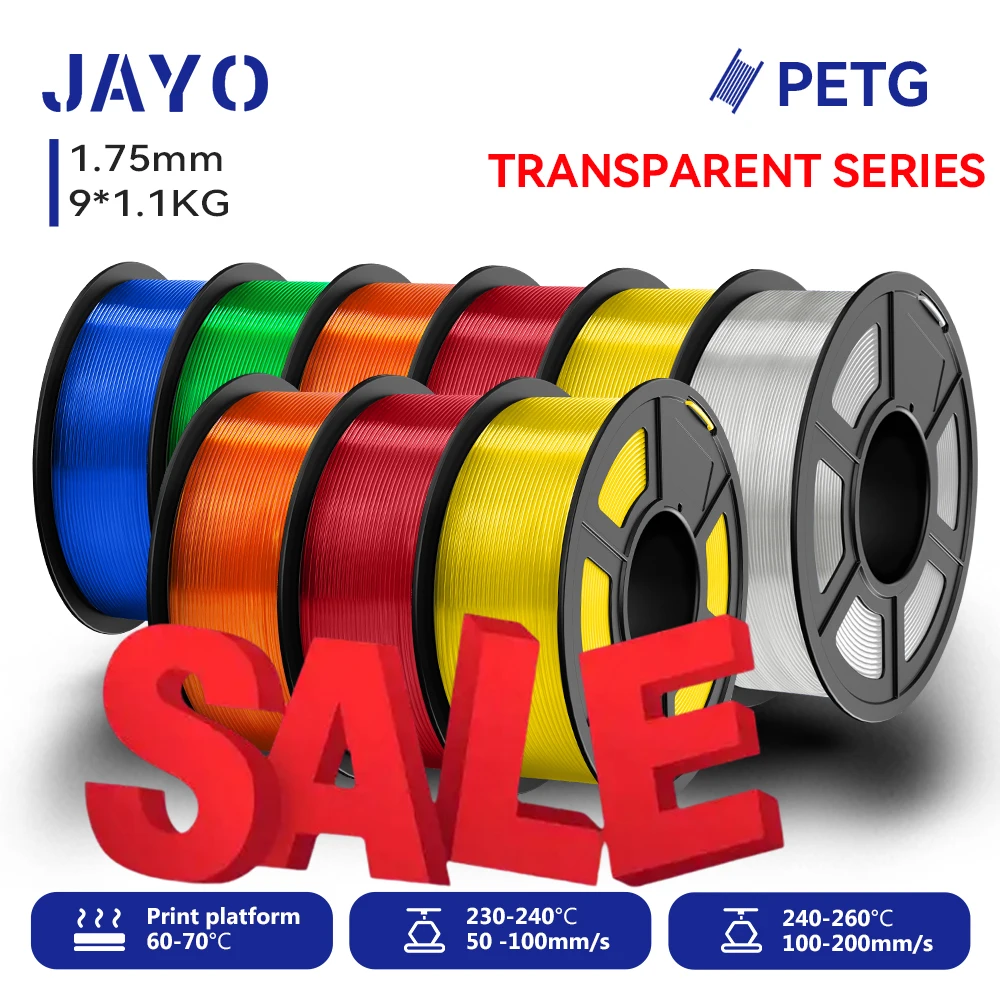 JAYO 9 rouleau PETG/PETG Filament d'imprimante 3D Transparent série transparente Filament soigneusement enroulé haute ténacité adapté à la plupart des imprimantes FDM