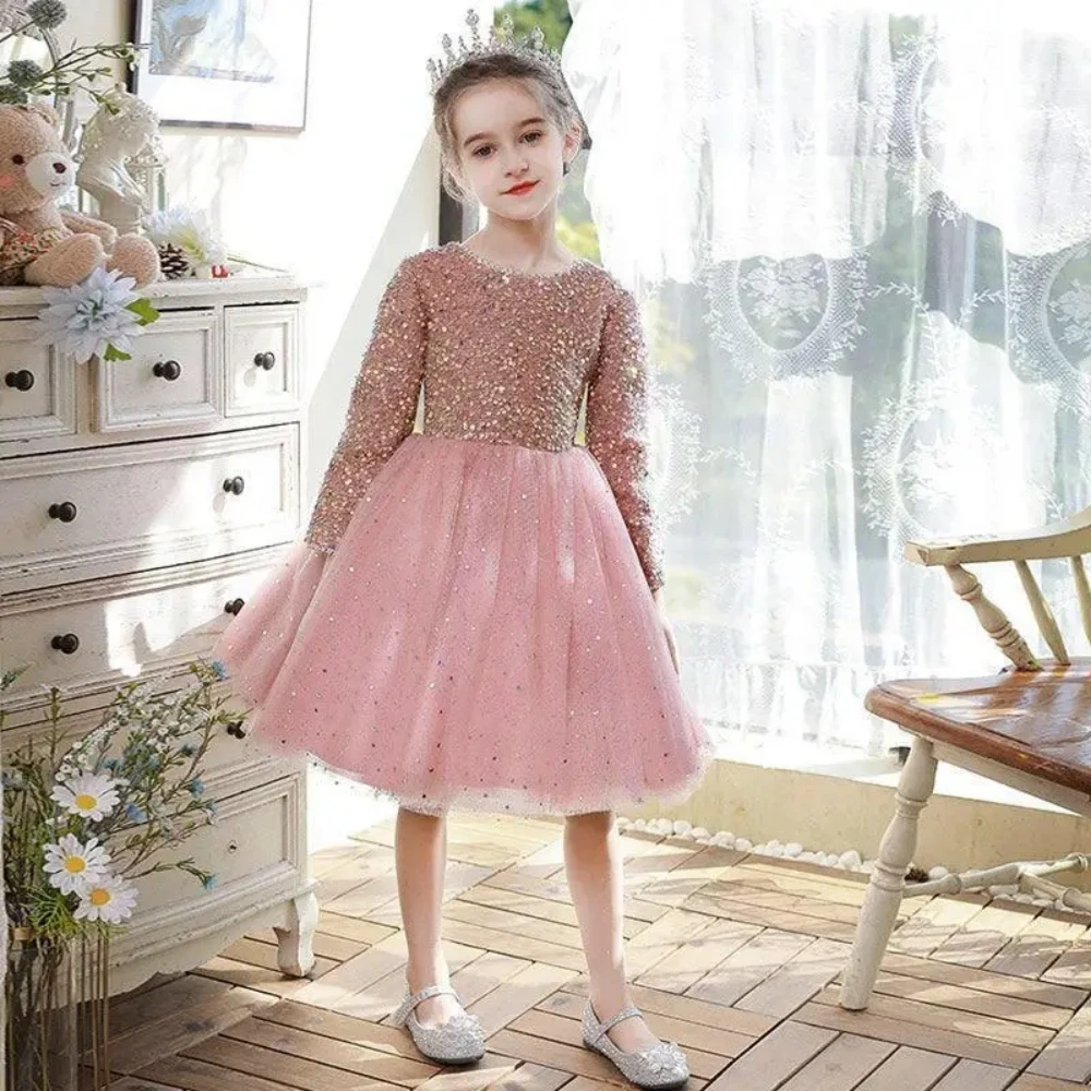 2024 Luxury Pink Sequined Dress for Young Girls Baby Flower Girls Tulle Dresses for Weddings Children Birthday Formal Partywears