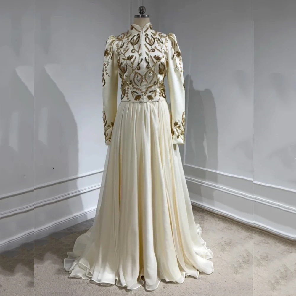 Customized Luxury Evening Dress Pleat Glitter Applique High Collar A-line Long Dresses Bespoke Occasion Elegant Party Wedding