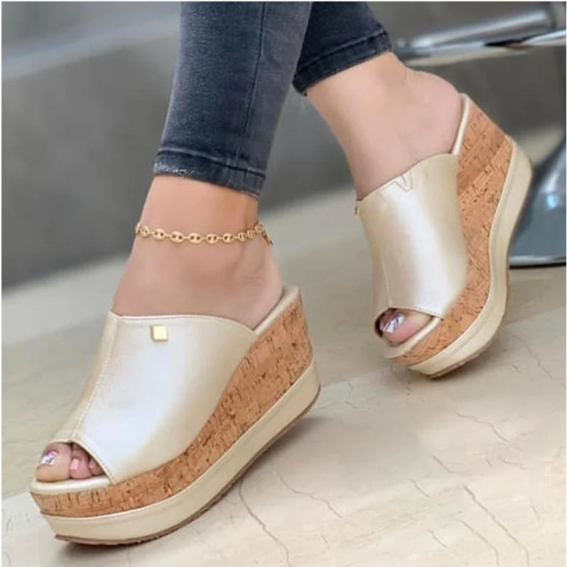 Slippers Summer 1 Wedges  Retro Fish Mouth Large Size Sandals Women High Heel Platform Solid Color Plus Size Shoes Sandalias