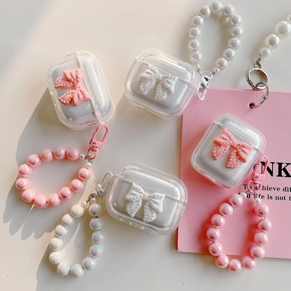 Корейский симпатичный Жемчужный Розовый лазерный браслет с бантом прозрачная фотография для Apple Airpods 1 2 Pro 3 Беспроводная зарядная коробка для наушников мягкий чехол