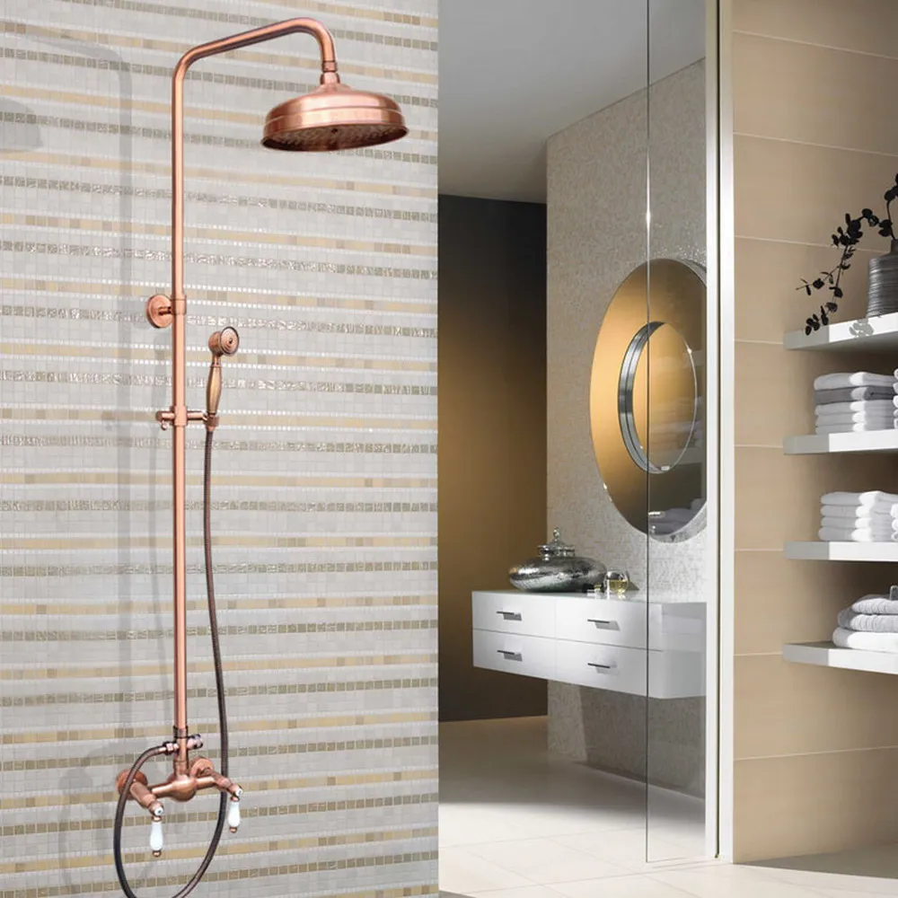 

Antique Red Copper Bathroom Shower Faucet Set Double Handle 8" Rainfall Shower System with Handshower zrg581