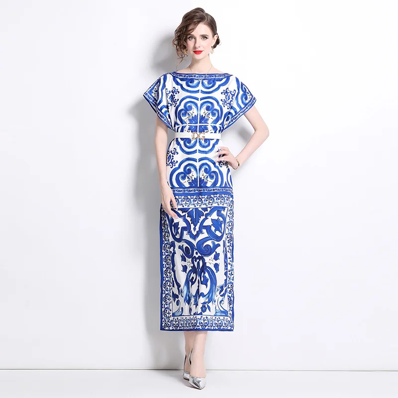 Fashion Hundreds Celadon Printed Dresses Women Autumn 2024 New Loose Knee Length Casual Elegant Party Dresses Vestidos