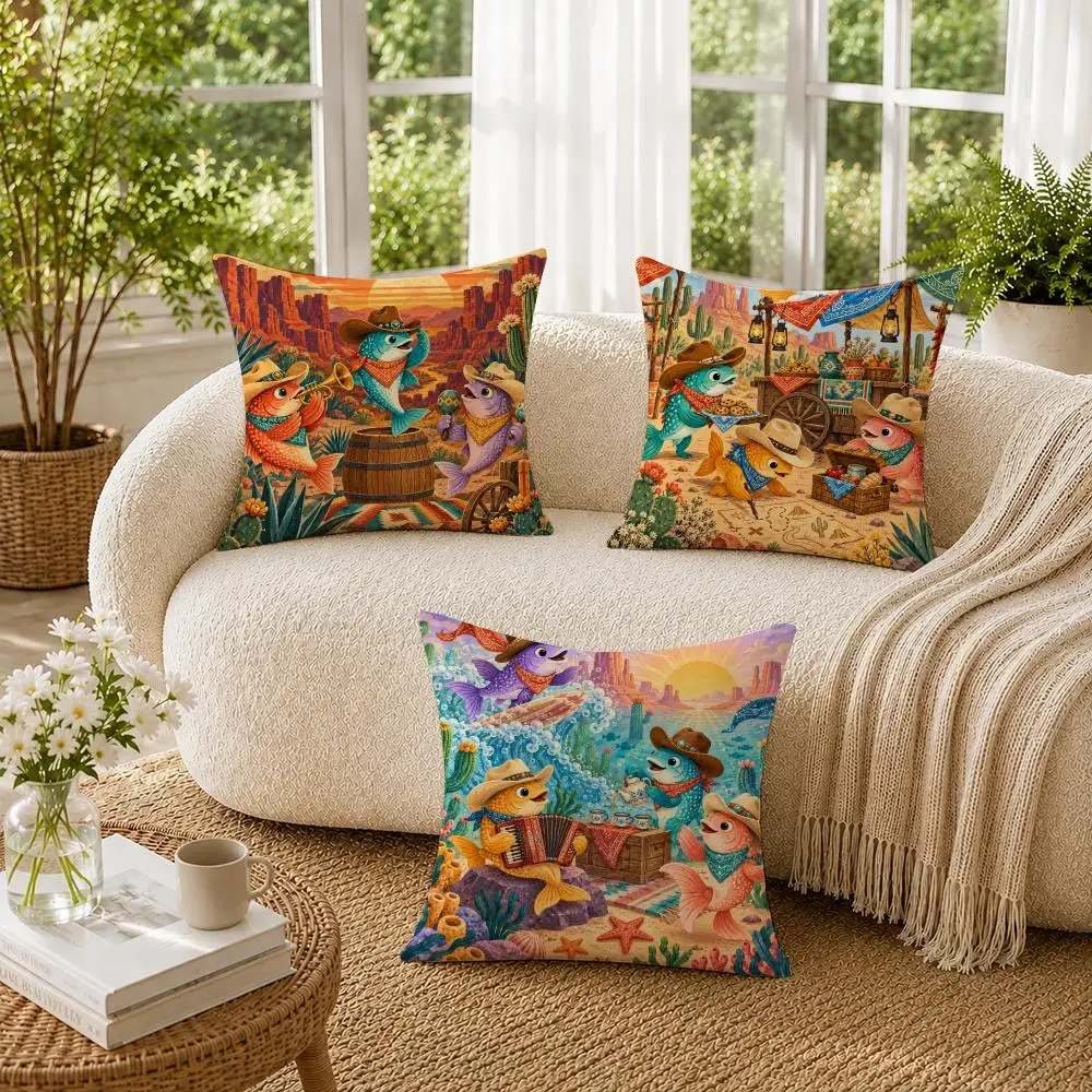 Cowboy Fish Picnic Cartoon Art Cushion Cover Soft Short Plush Pillow Cases Hidden Zipper Cutecore Sofa Bedroom Home Decor Gift