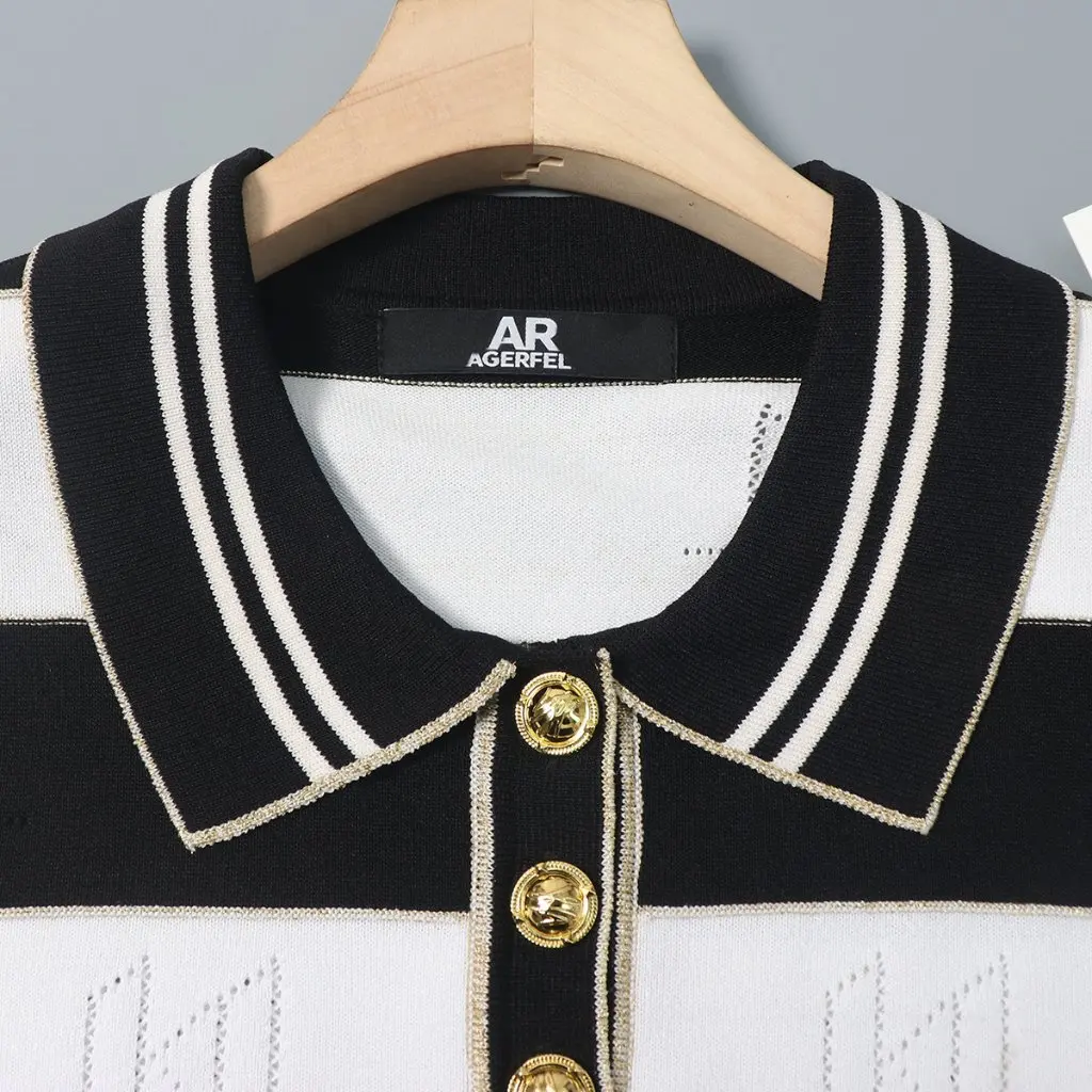 

American K Bright Silk Edge Strip Lasel Half Buckle Short Sleeve Hollow Letter Striped Sweater Women's Fashion Top