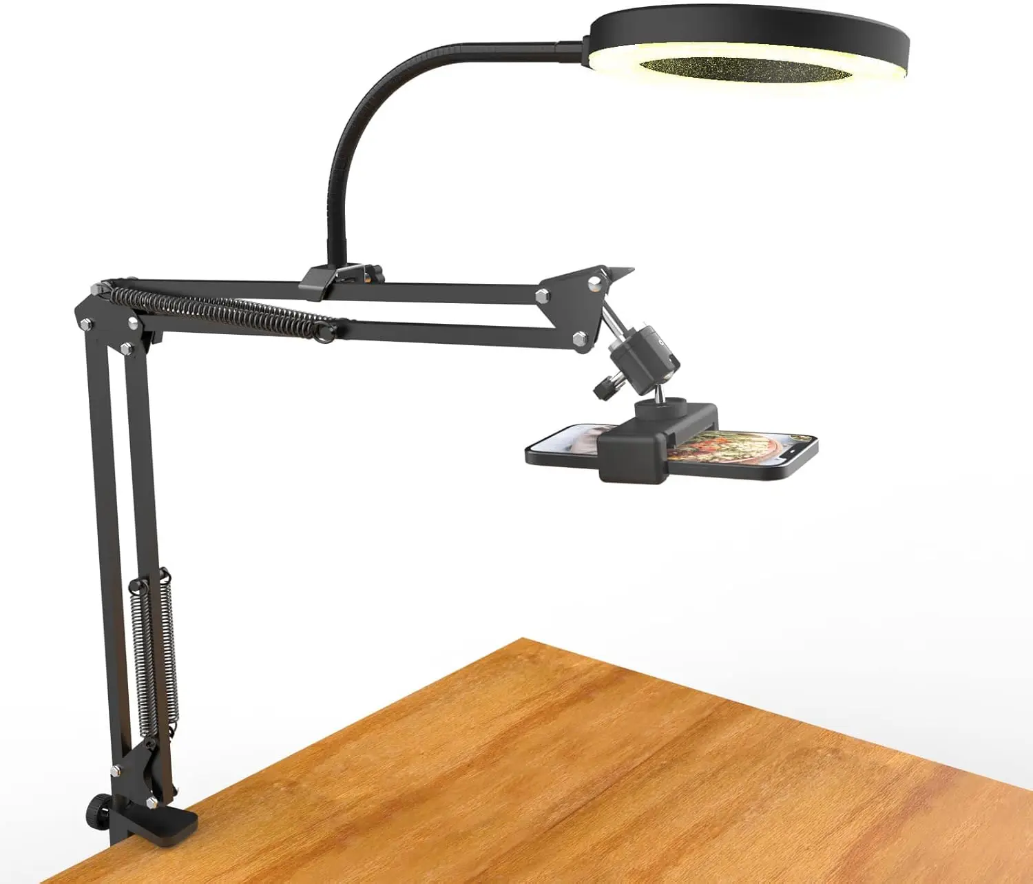 

Overhead Camera Mount with Ring Light, Flexible Articulating Phone Arm Stand Compatible with iPhone, Webcam, Desk Tri