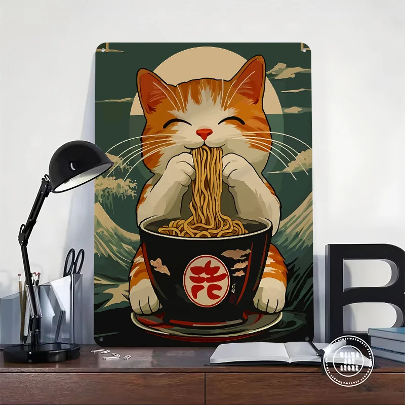Cat Eating Ramen Noodles Illustration Poster Retro 3D Printed Metal Signs Customized Wall Hanging Gift for Room Decoration Items