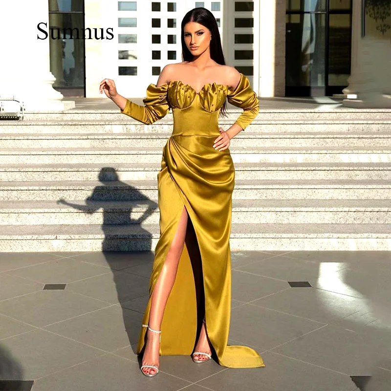 

Sumnus Olive Prom Dress Sweetheart Three Quarter Long Slit Party Dresses Pleats Satin Evening Party Gowns Vestidos de Fiesta