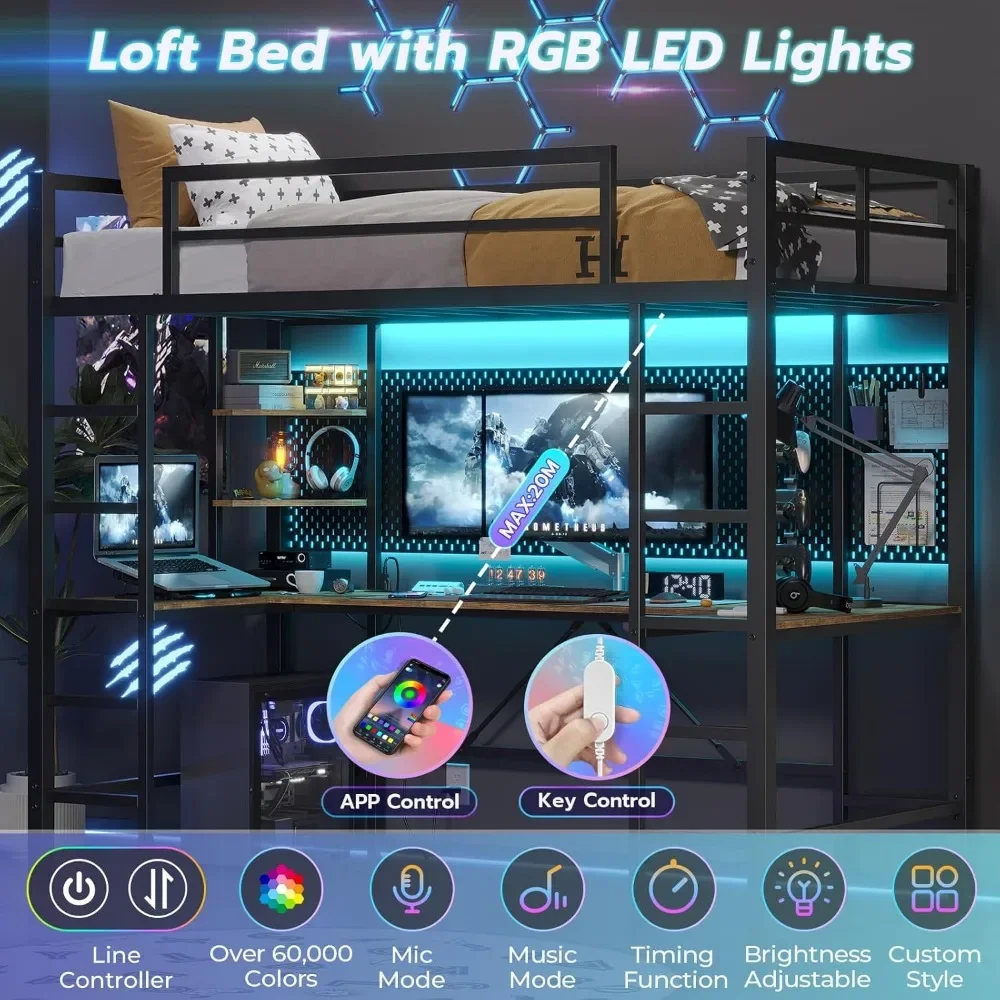 Cama de tamaño Loft con escritorio en forma de U y luces Led, marco de cama de Metal para Loft doble con estación de carga y estantes de almacenamiento