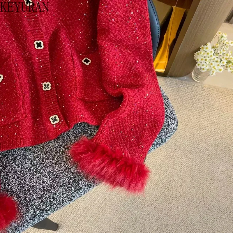 Elegancki czerwony kardigan damski na jesień i zimę, moda koreańska, krótki sweter z imitacji futra, patchworkowy czerwony płaszcz swetrowy, dzianina, dopasowany sweter.