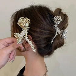 Grande metal rosa folha floral cabelo garra para mulheres, senhoras presilhas de caranguejo, aperto de cabelo, meninas clipes, grampos, headwear ornamentos, 2023