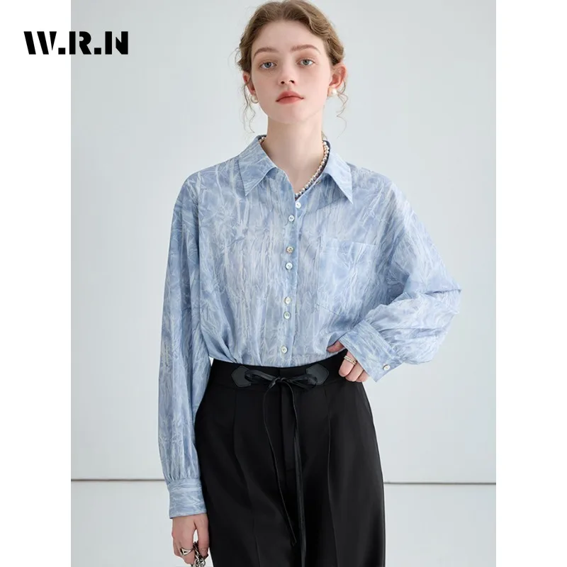 

2024 Summer Casual Korean Style Turn-down Collar Tie Dye Blouses Women's Single Breasted Loose Fit Chic Long Sleeve Shirts