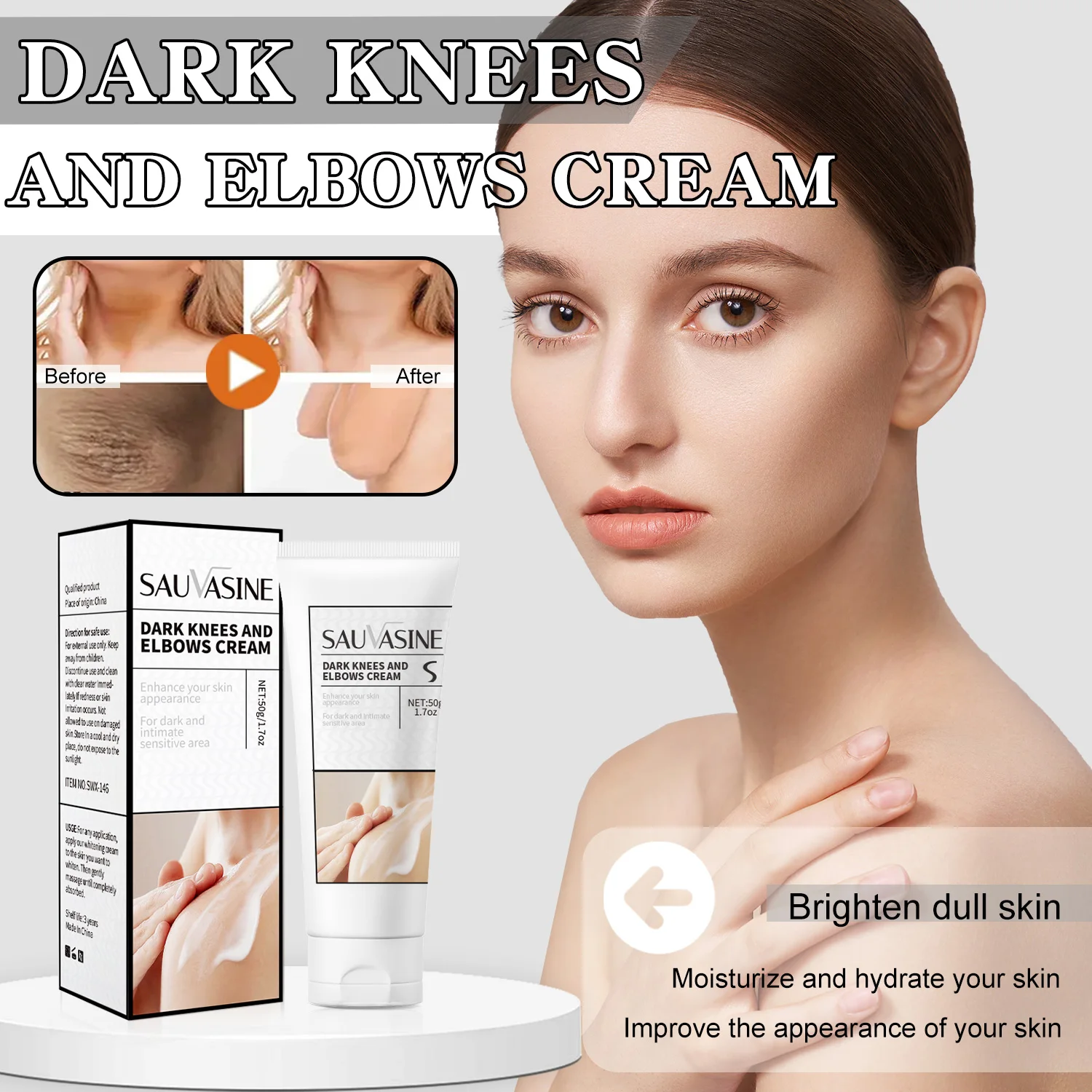 Dark Knees and Elbows Whitening Cream, Brighten Dull Skin, Moisturize and Hydrate, 50g/1.7oz