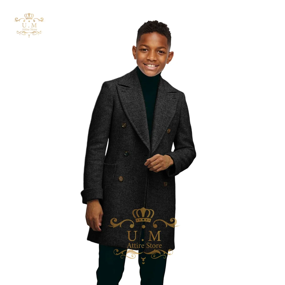 Brown boys\' premium coat, herringbone pattern double-breasted jacket for wedding prom campuses Xmas party custom kids tuxedo