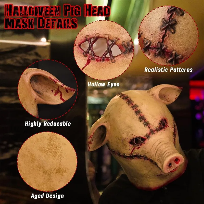 Masque Effrayant de Cochon Sanguin en Latex pour Homme Adulte, Tête Complète d'Animal, Cosplay d'Horreur, Costumes de Carnaval, Coiffes d'Halloween