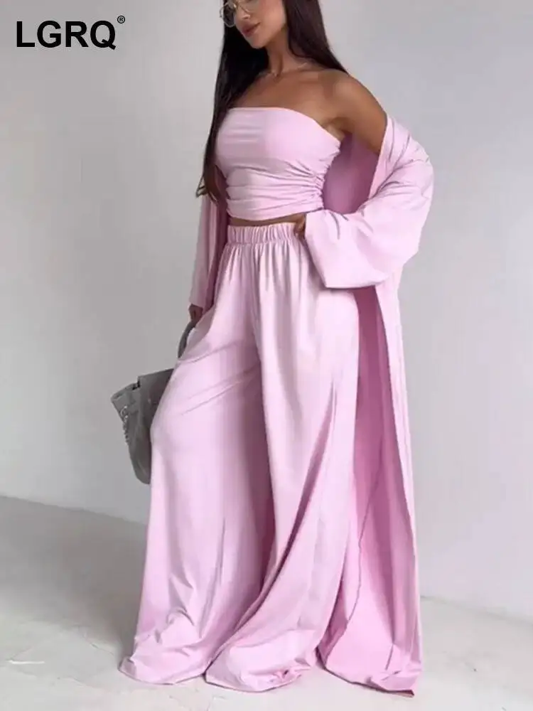 LGRQ Ropa de mujer 2025 Verano Nuevo Chaleco casual sin tirantes Cárdigan largo Pantalones de pierna ancha Conjunto de tres piezas