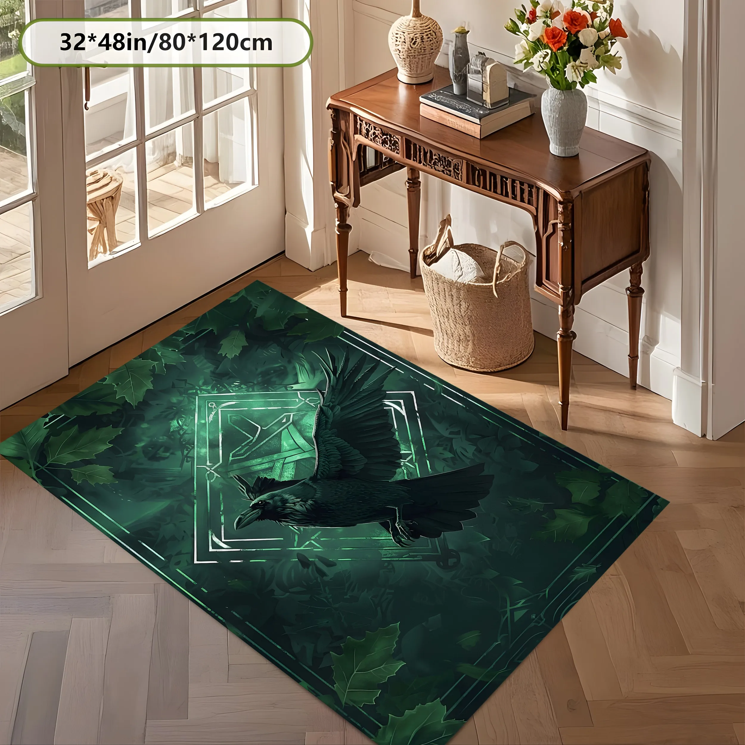 2D Large Carpet Dark Flying Crow Fluorescent Diamond Trendy Cool for Gaming Room Bedroom Living Room