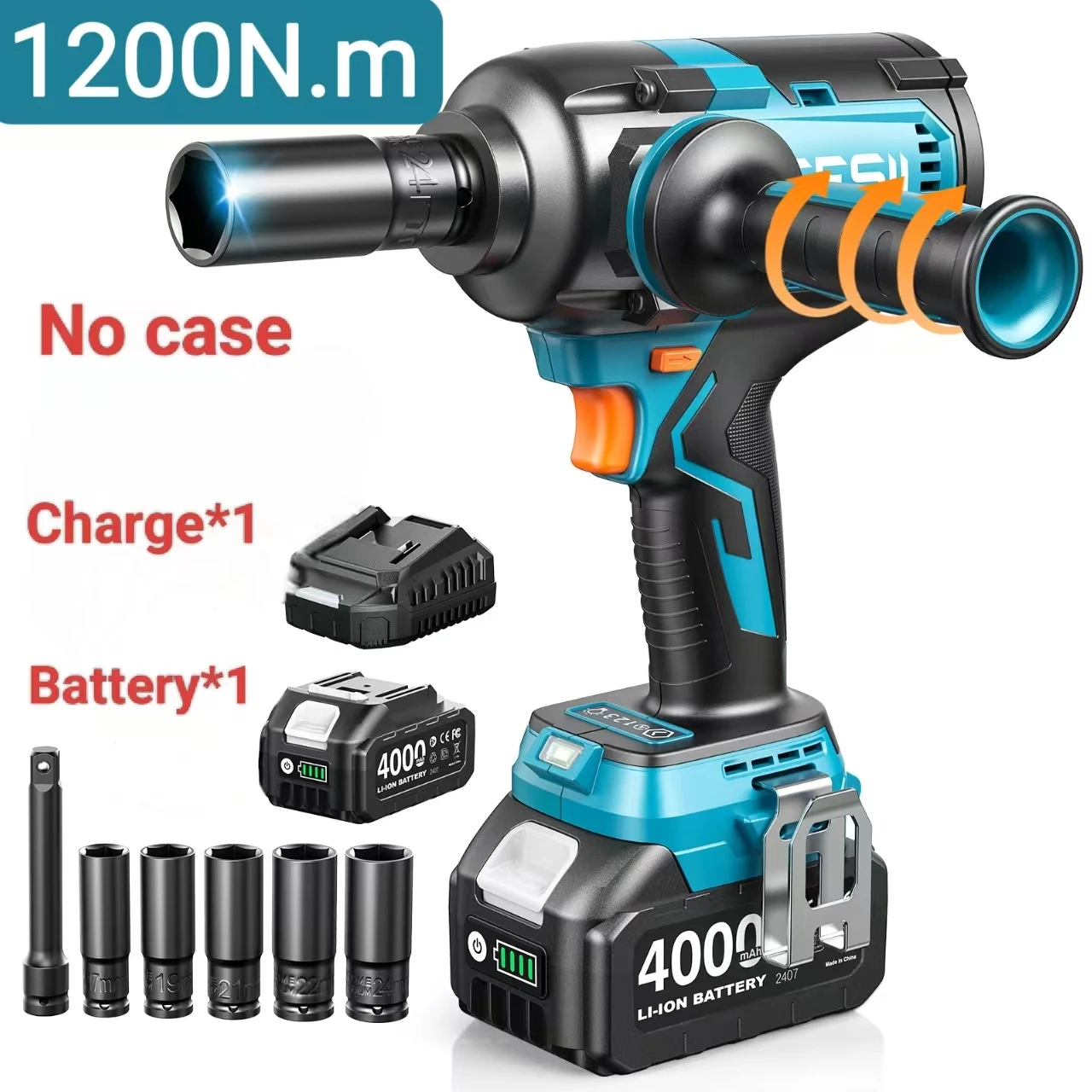 Seesii 1200Nm & 1600Nm Cordless Impact Wrench with Handle 1/2" High Torque Brushless Electric Impact Gun Kit Battery Powered Tool with 4.0Ah/5.0Ah Battery For Car Truck Heavy-Duty image 3