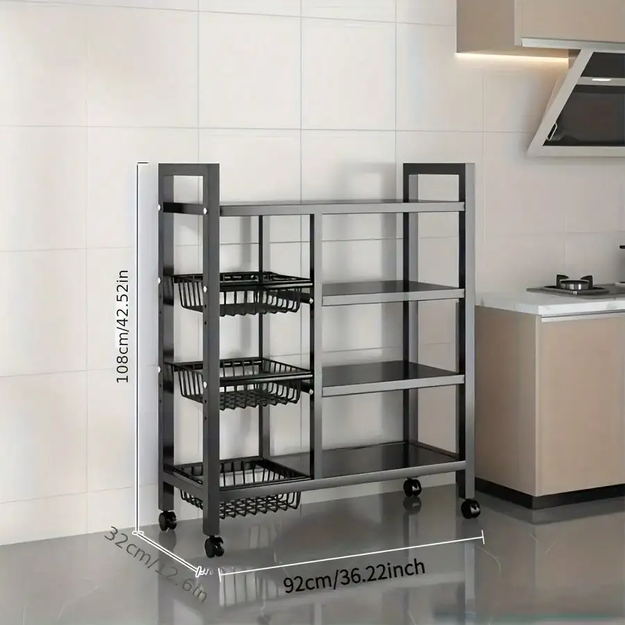 4-Tier Rolling Metal Storage Cart With Wheels - Multipurpose Organizer For Kitchen Home Office Dorm - Black Painted Surface Ideal For Fruits Veggies Utensils Food Pantry Rack Christmas Decor