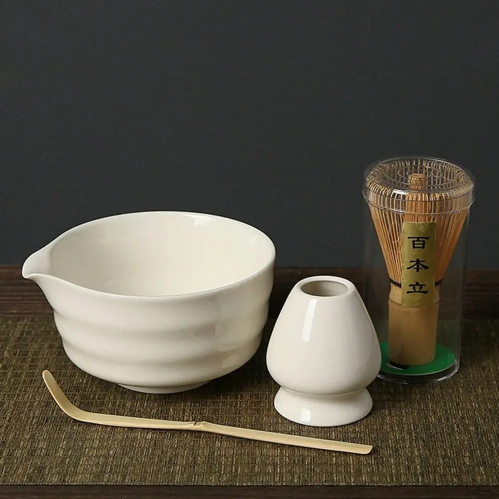 

5pcs New Bamboo Ceramic Japanese Matcha Tea Set Food Grade Reusable Match Bowl Safe with Spout Green Tea Whisk Stirring