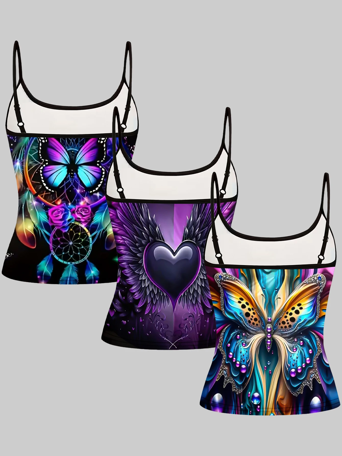 3-Pack Women's Butterfly Print Camisole with Dreamcatcher Wings, Heart, and Jewelry Patterns, Slim-Fit Inner Tops