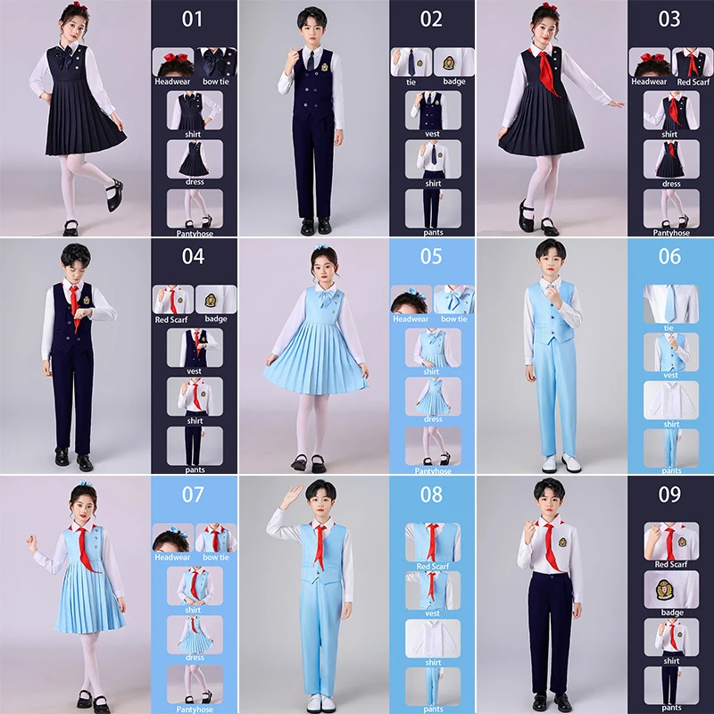 Girls Preppy Style Pleated Jumper Dress Headdress + Bow Tie Pants Suit Children Choir Poetry Performance Fashion School Uniform