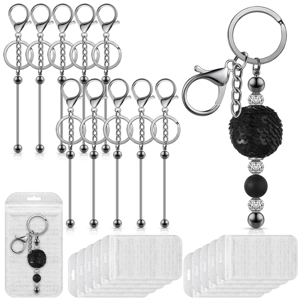 Beadable Keychains Bars, DIY Keychains Bars for Beads Including 10 Beadable Keychain Bars 10 Resealable Pouch