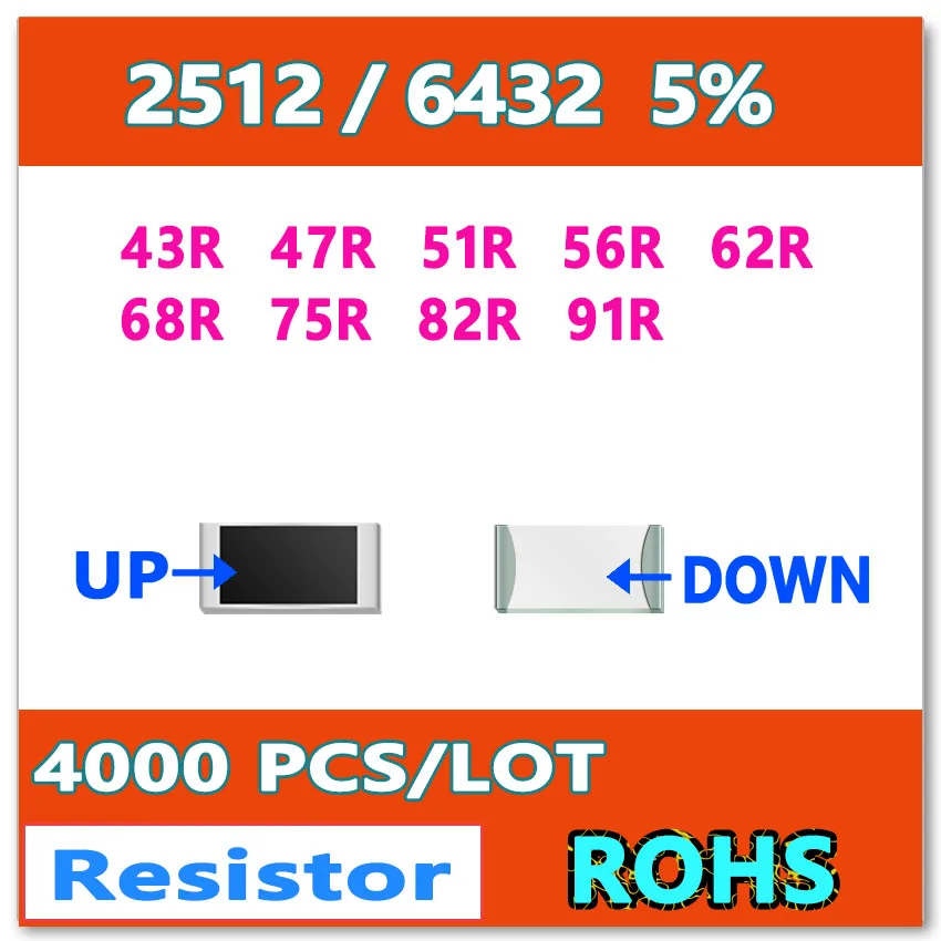 

JASNPROSMA 2512 J 5% 4000pcs 43R 47R 51R 56R 62R 68R 75R 82R 91R High quality smd 6432 OHM Resistor