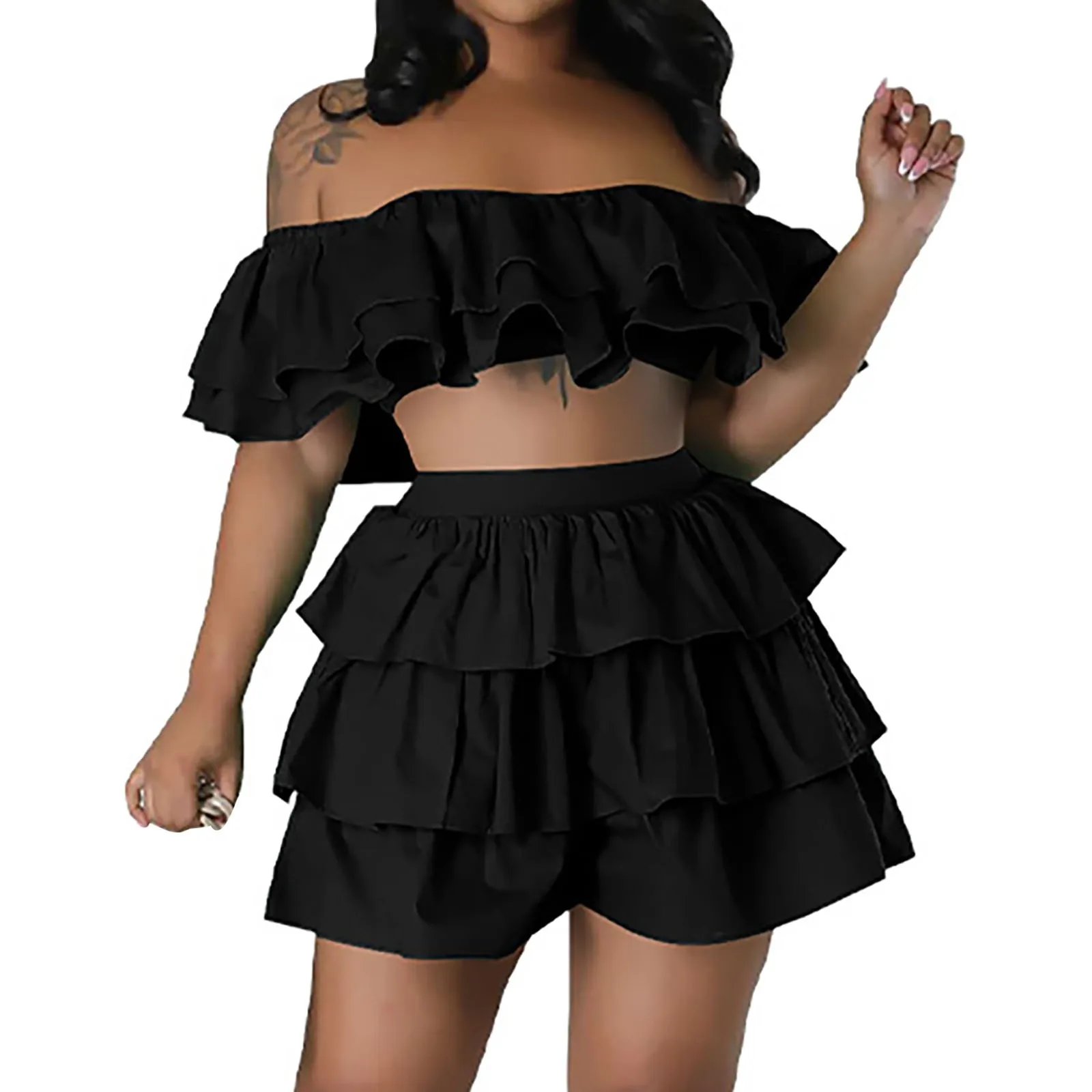 Women's Two Piece Skirt Suit Cheerleaders clothing Summer Pleated Off Shoulder Strapless Crop Top Layered Shorts Set Club Outfit