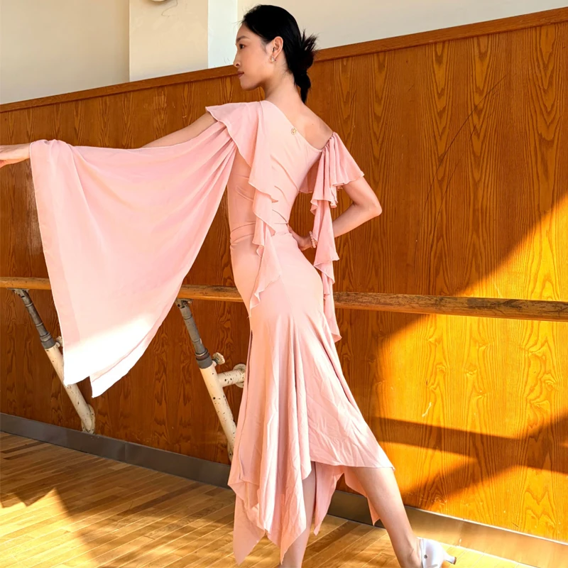 Adultos roupas de competição de dões latinos manga irregular babados saias superiores mulheres samba dança de salão desempenho wear sl14568