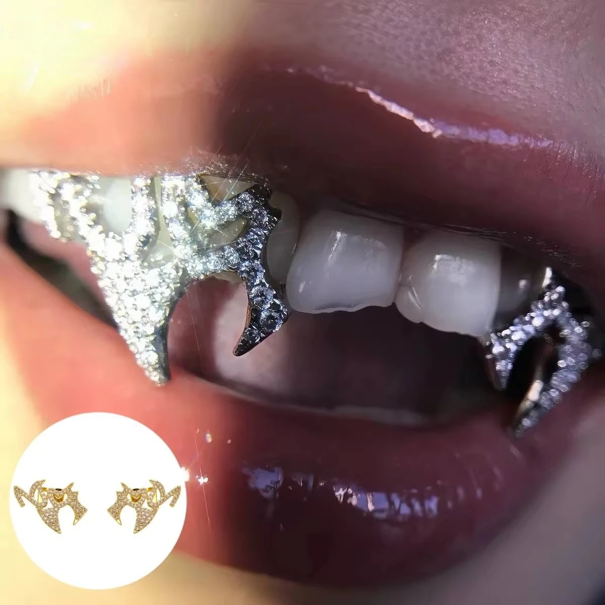 Helloween Gothic Spike Iced out Grillz Set for Men And Women Double Tooth Full CZ Paved Y2K Hip Hop Vampire Fang Teeth Jewelry